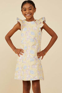 Girls Yellow Floral Jacquard Dress - Anderson Ave boutique