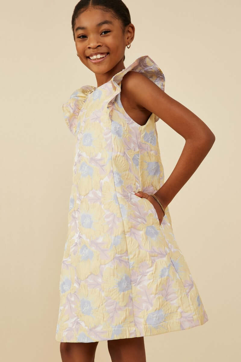 Girls Yellow Floral Jacquard Dress - Anderson Ave boutique