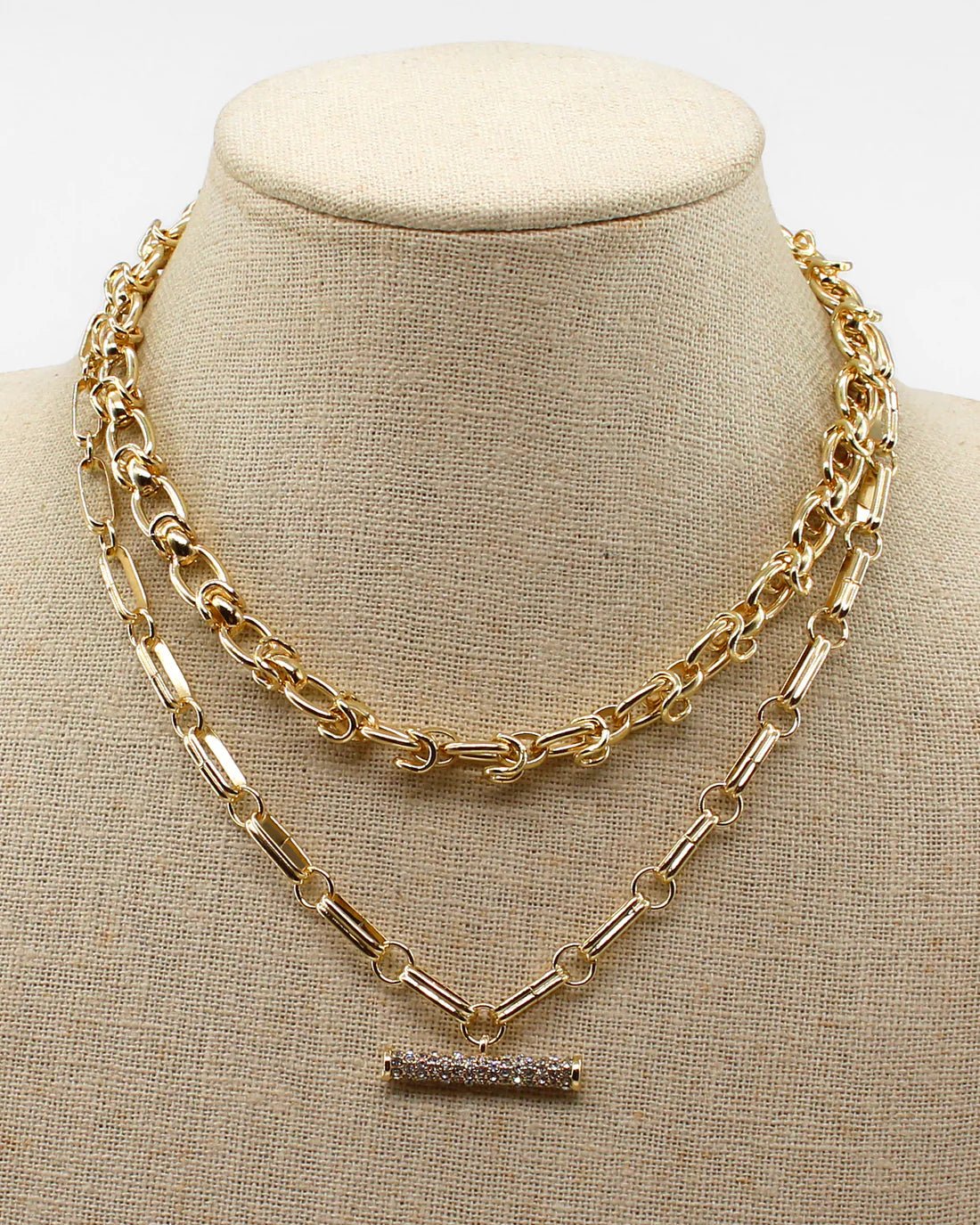 Gold Double Layered Chain with Rhinestone Bar Accent 16" - 18" Necklace - Anderson Ave boutique