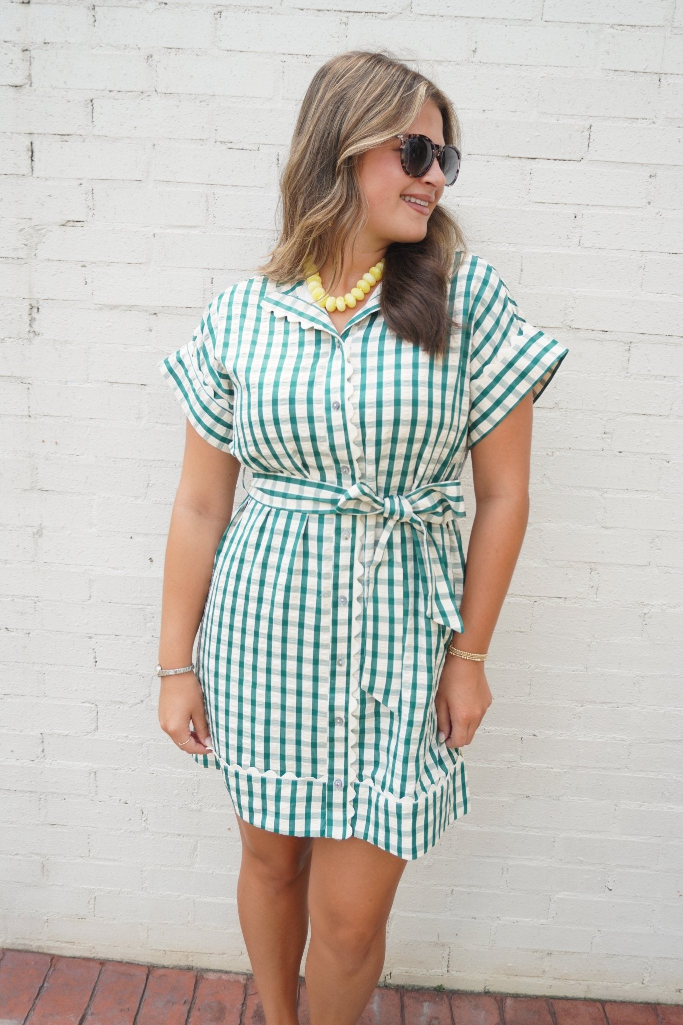 Green Gingham Scallop Trim Mini Dress - Anderson Ave boutique
