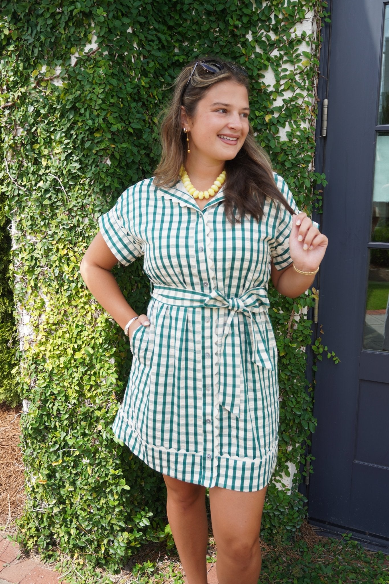 green gingham mini dress Scallop Trim Easy and timeless Apricot Bridesmaid Dresses - Comfortable Cotton Dress Size:2XT