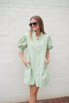 Green Stripe Ruffle Neck Puff Sleeve Mini Dress - Anderson Ave boutique