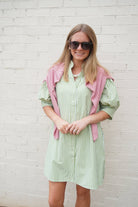 Green Stripe Ruffle Neck Puff Sleeve Mini Dress - Anderson Ave boutique