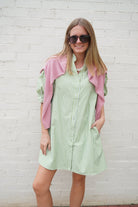Green Stripe Ruffle Neck Puff Sleeve Mini Dress - Anderson Ave boutique