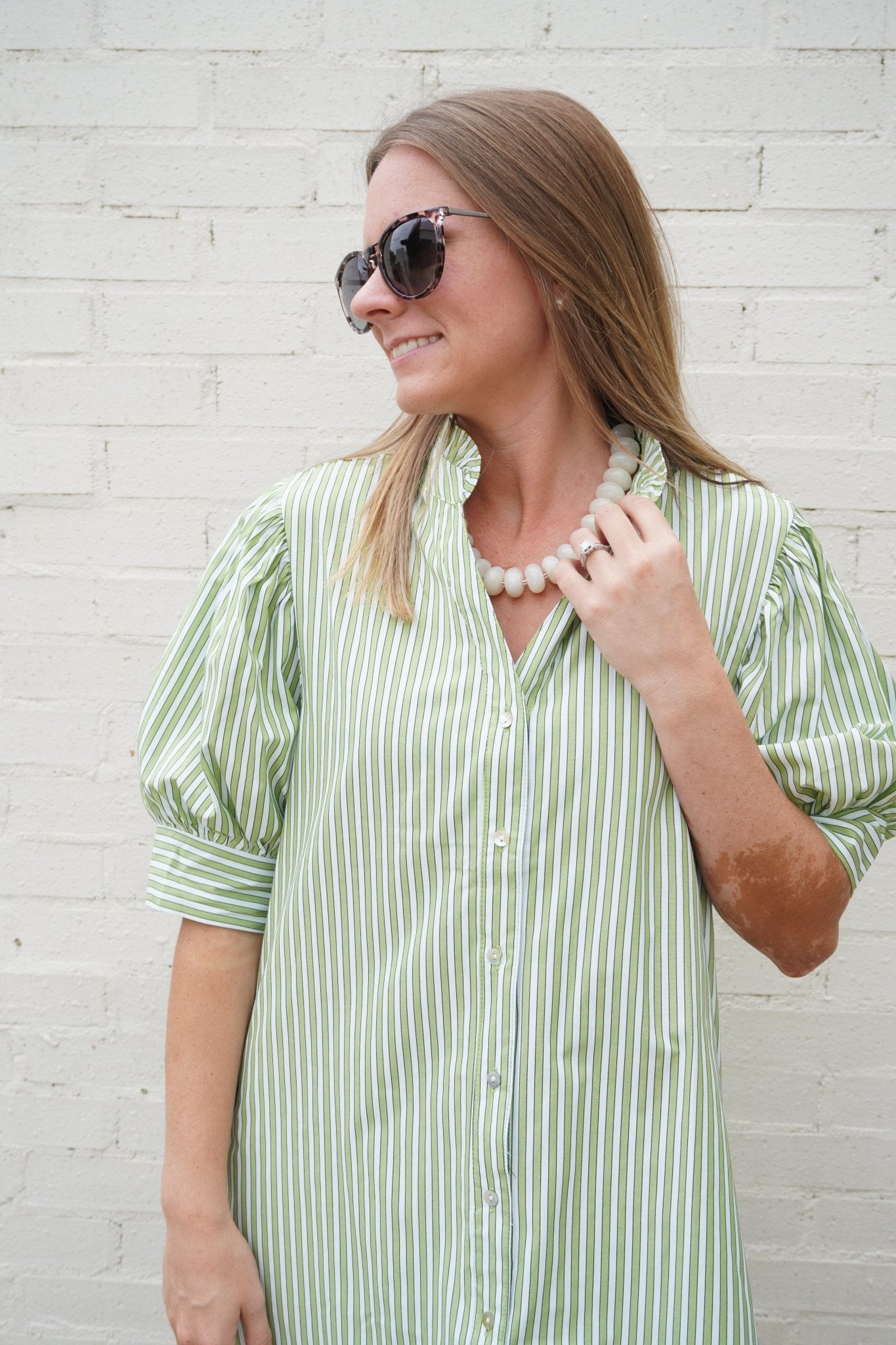 Green Stripe Ruffle Neck Puff Sleeve Mini Dress - Anderson Ave boutique