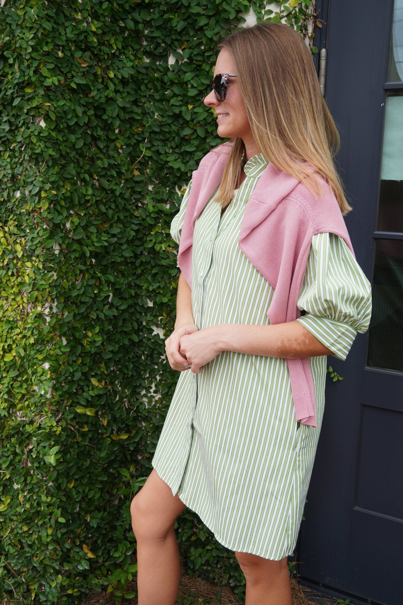 Green Stripe Ruffle Neck Puff Sleeve Mini Dress - Anderson Ave boutique