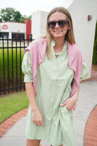 Green Stripe Ruffle Neck Puff Sleeve Mini Dress - Anderson Ave boutique