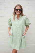 Green Stripe Ruffle Neck Puff Sleeve Mini Dress - Anderson Ave boutique