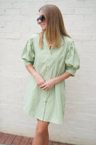 Green Stripe Ruffle Neck Puff Sleeve Mini Dress - Anderson Ave boutique