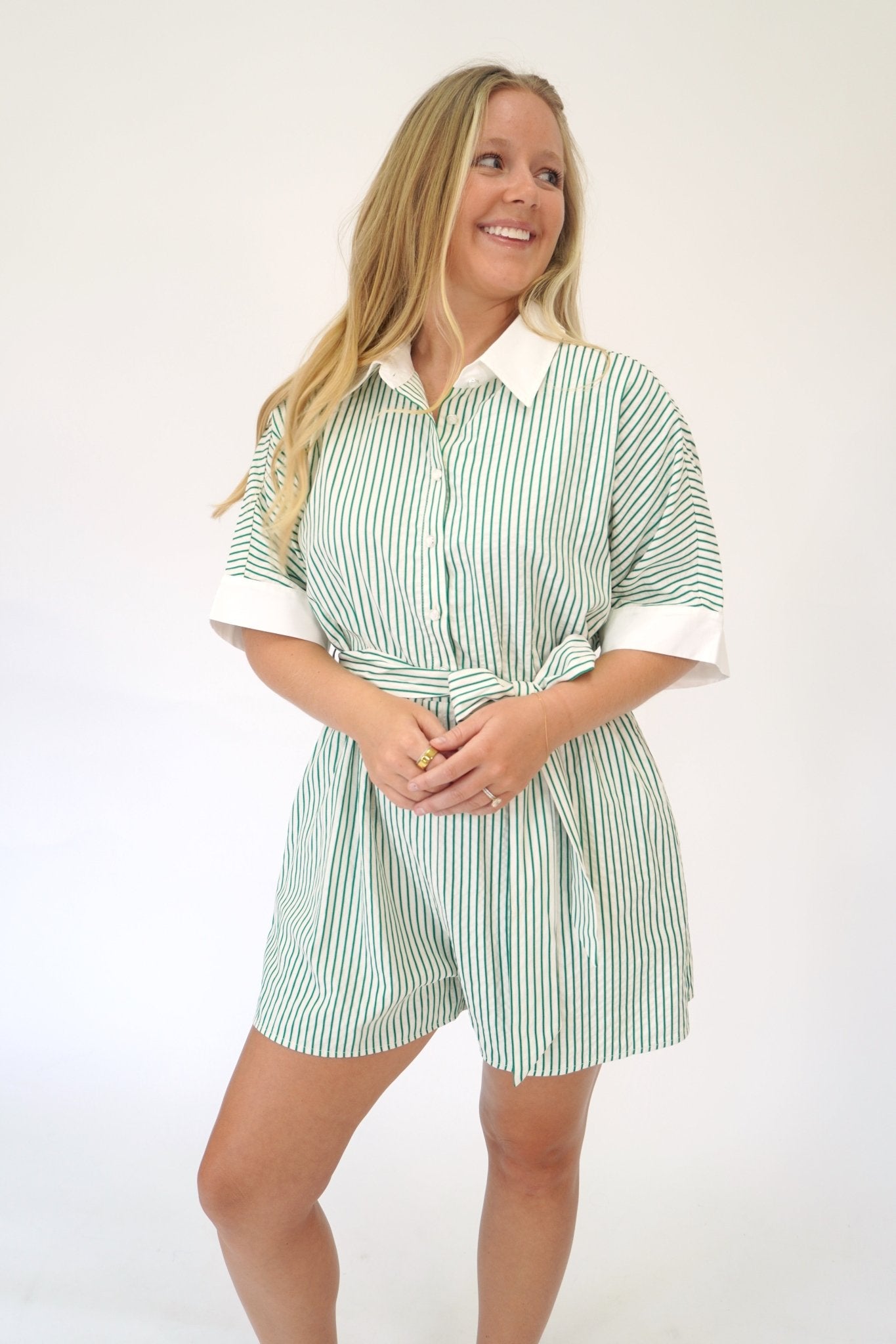 Green & White Striped Belted Button - Front Romper - Anderson Ave boutique