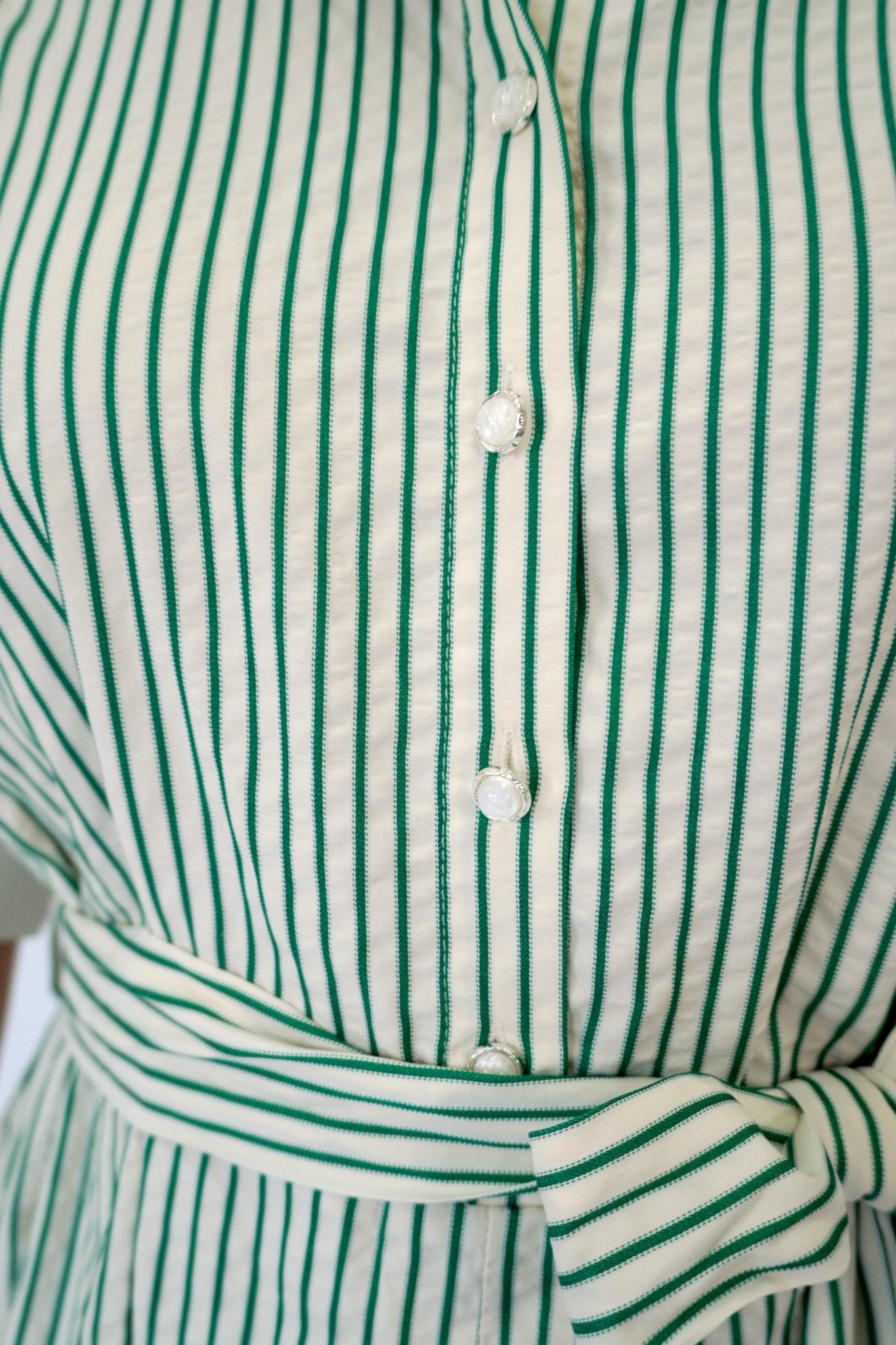 Green & White Striped Belted Button - Front Romper - Anderson Ave boutique