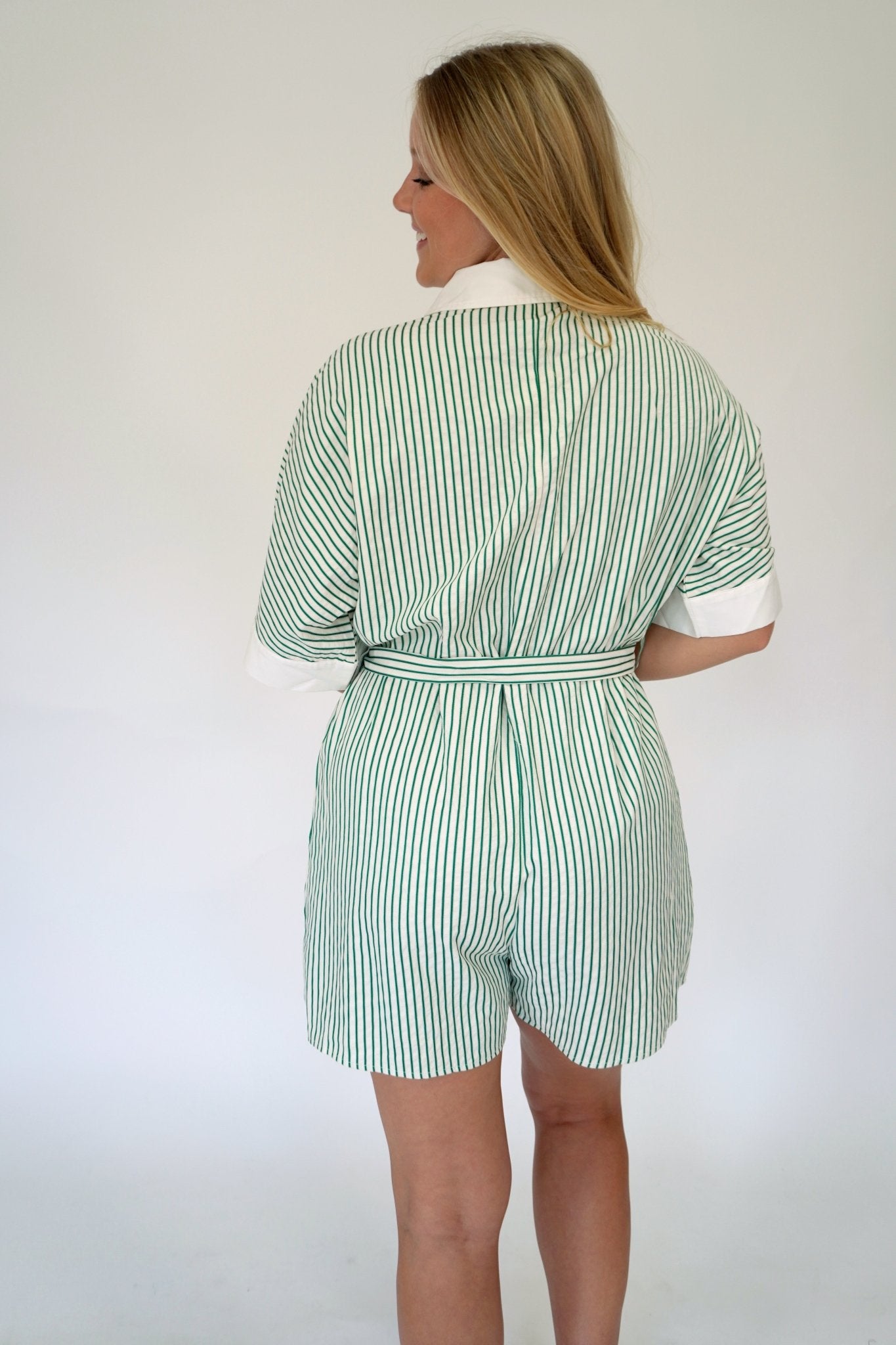 Green & White Striped Belted Button - Front Romper - Anderson Ave boutique