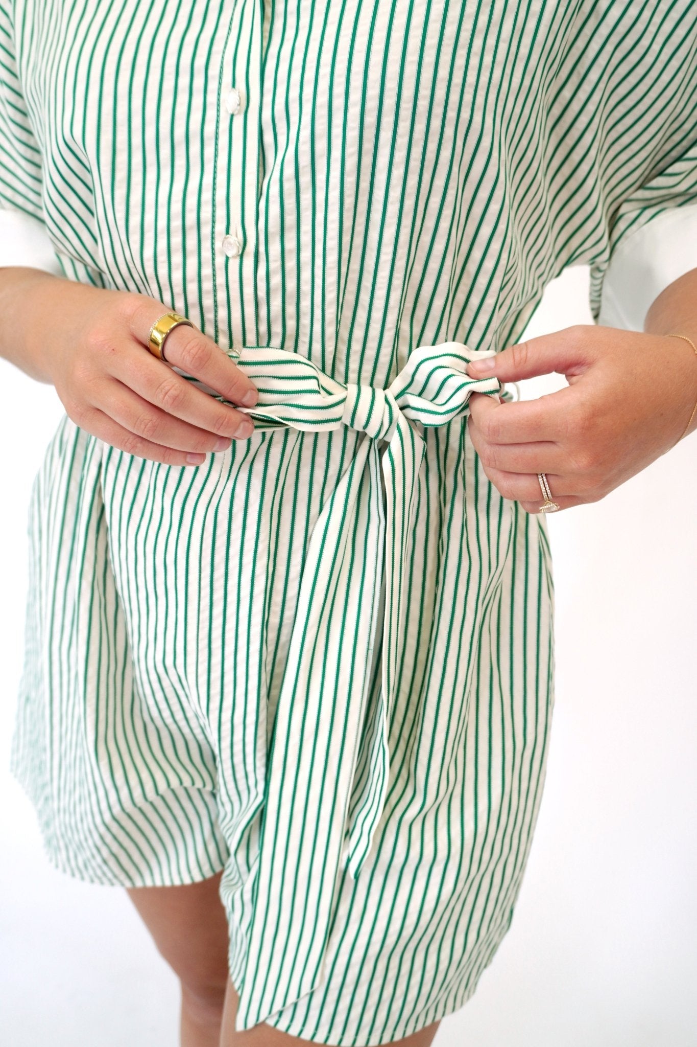 Green & White Striped Belted Button - Front Romper - Anderson Ave boutique