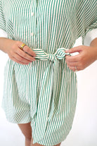 Green & White Striped Belted Button - Front Romper - Anderson Ave boutique