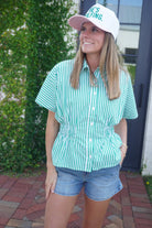 Green & White Striped Smocked Peplum Top - Anderson Ave boutique