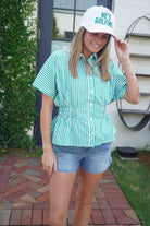 Green & White Striped Smocked Peplum Top - Anderson Ave boutique