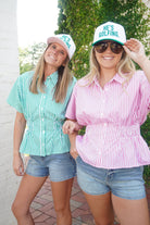 Green & White Striped Smocked Peplum Top - Anderson Ave boutique