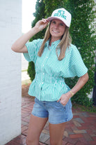 Green & White Striped Smocked Peplum Top - Anderson Ave boutique