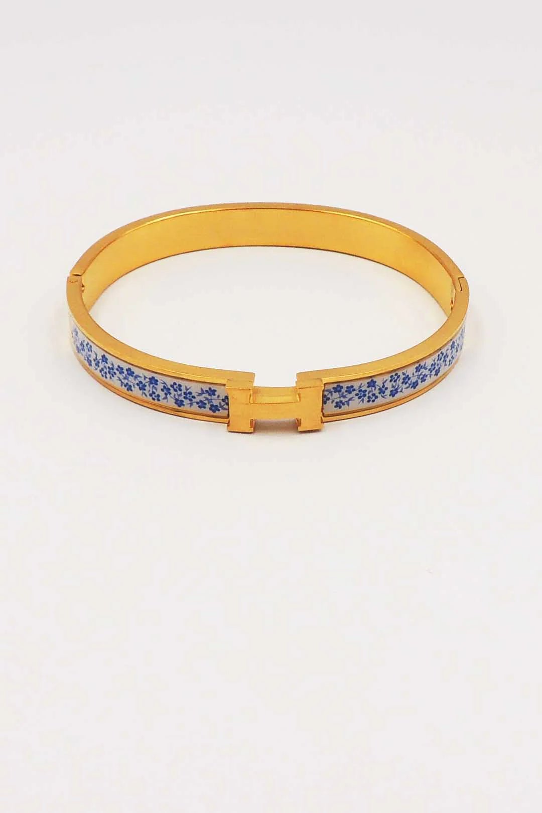 H Stainless Steel Hinged Bangle with Blue and White - Anderson Ave boutique
