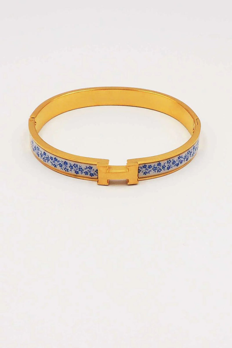 H Stainless Steel Hinged Bangle with Blue and White - Anderson Ave boutique