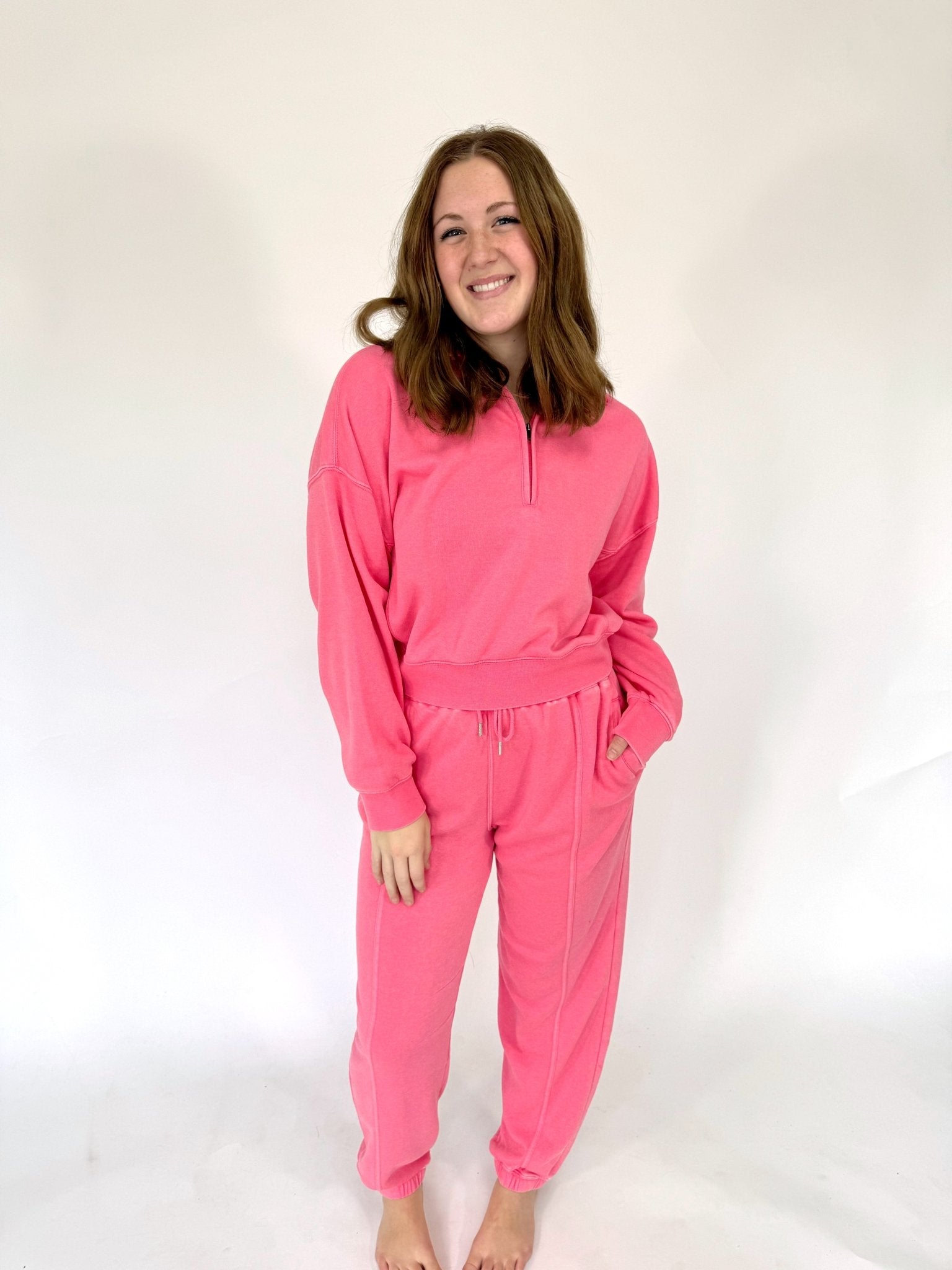 Harper Pink Half - Zip Lounge Set – Cozy Matching Sweatshirt & Pants - Anderson Ave boutique