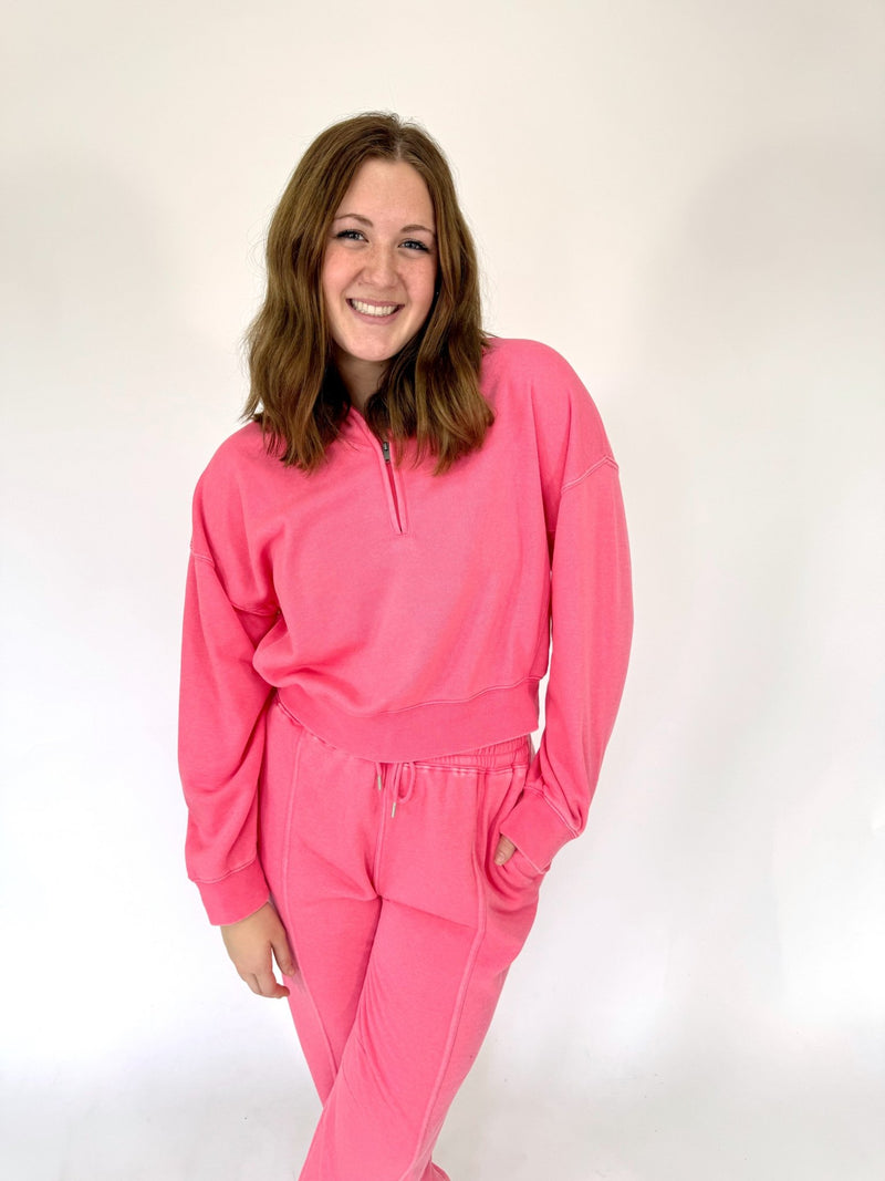 Harper Pink Half - Zip Lounge Set – Cozy Matching Sweatshirt & Pants - Anderson Ave boutique