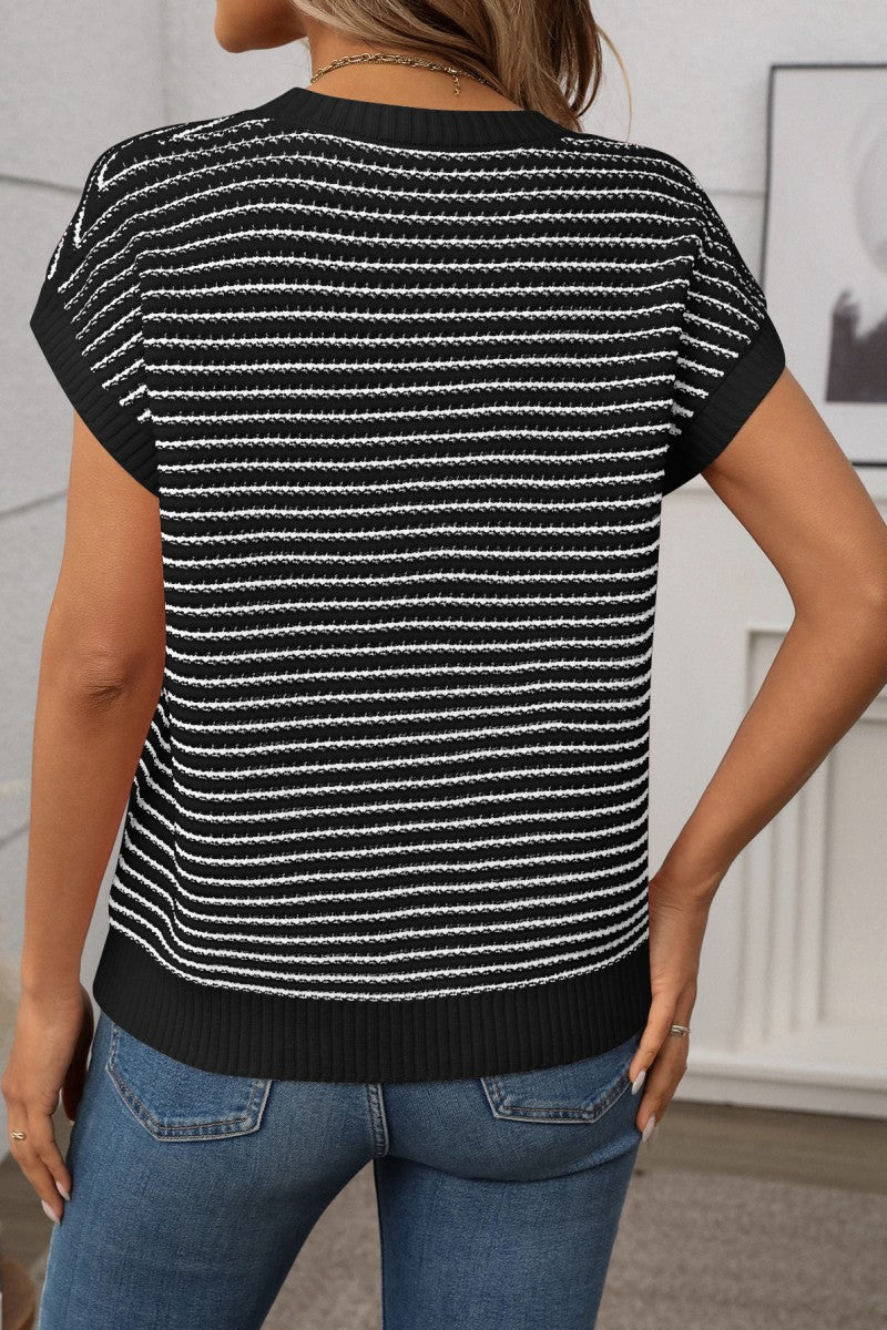 Harper Striped Short Sleeve Sweater Knit Top - Black - Anderson Ave boutique