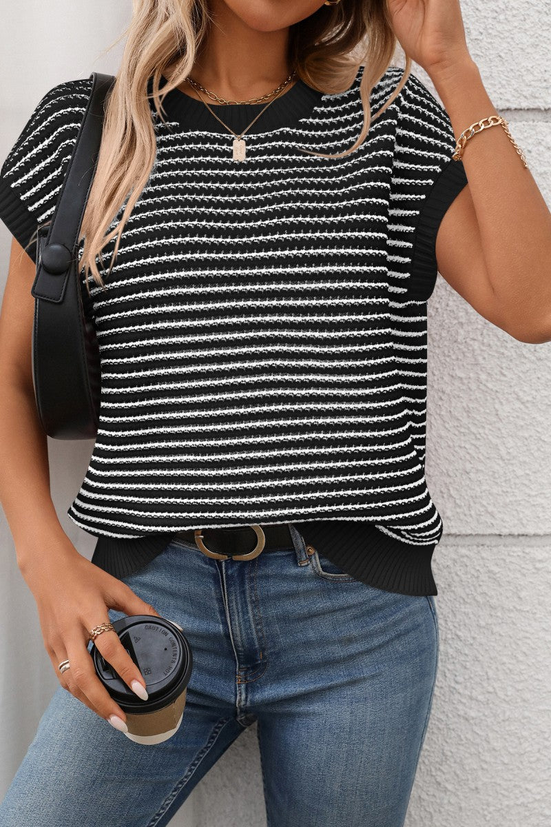 Harper Striped Short Sleeve Sweater Knit Top - Black - Anderson Ave boutique