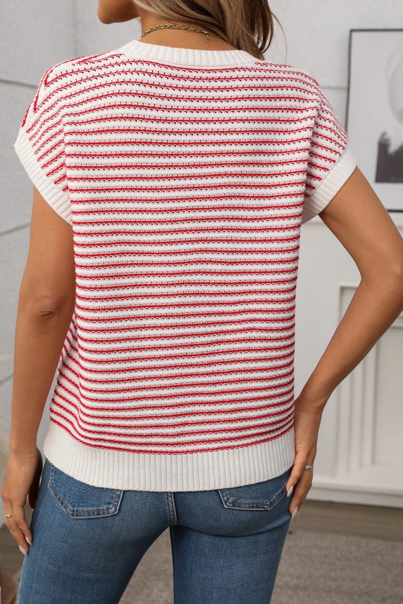 Harper Striped Short Sleeve Sweater Knit Top - Red - Anderson Ave boutique