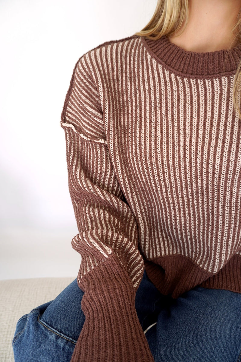 Hazel Mocha Textured Stripe Knit Sweater - Anderson Ave boutique