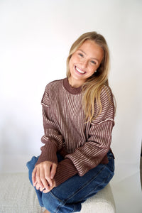 Hazel Mocha Textured Stripe Knit Sweater - Anderson Ave boutique