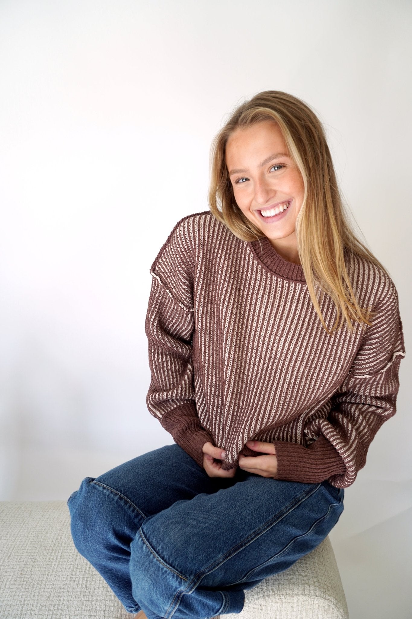 Hazel Mocha Textured Stripe Knit Sweater - Anderson Ave boutique