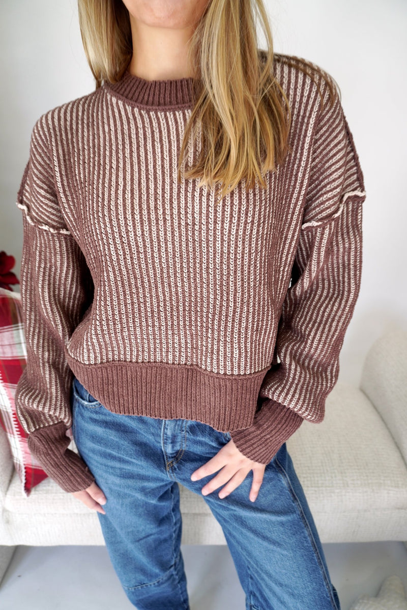 Hazel Mocha Textured Stripe Knit Sweater - Anderson Ave boutique