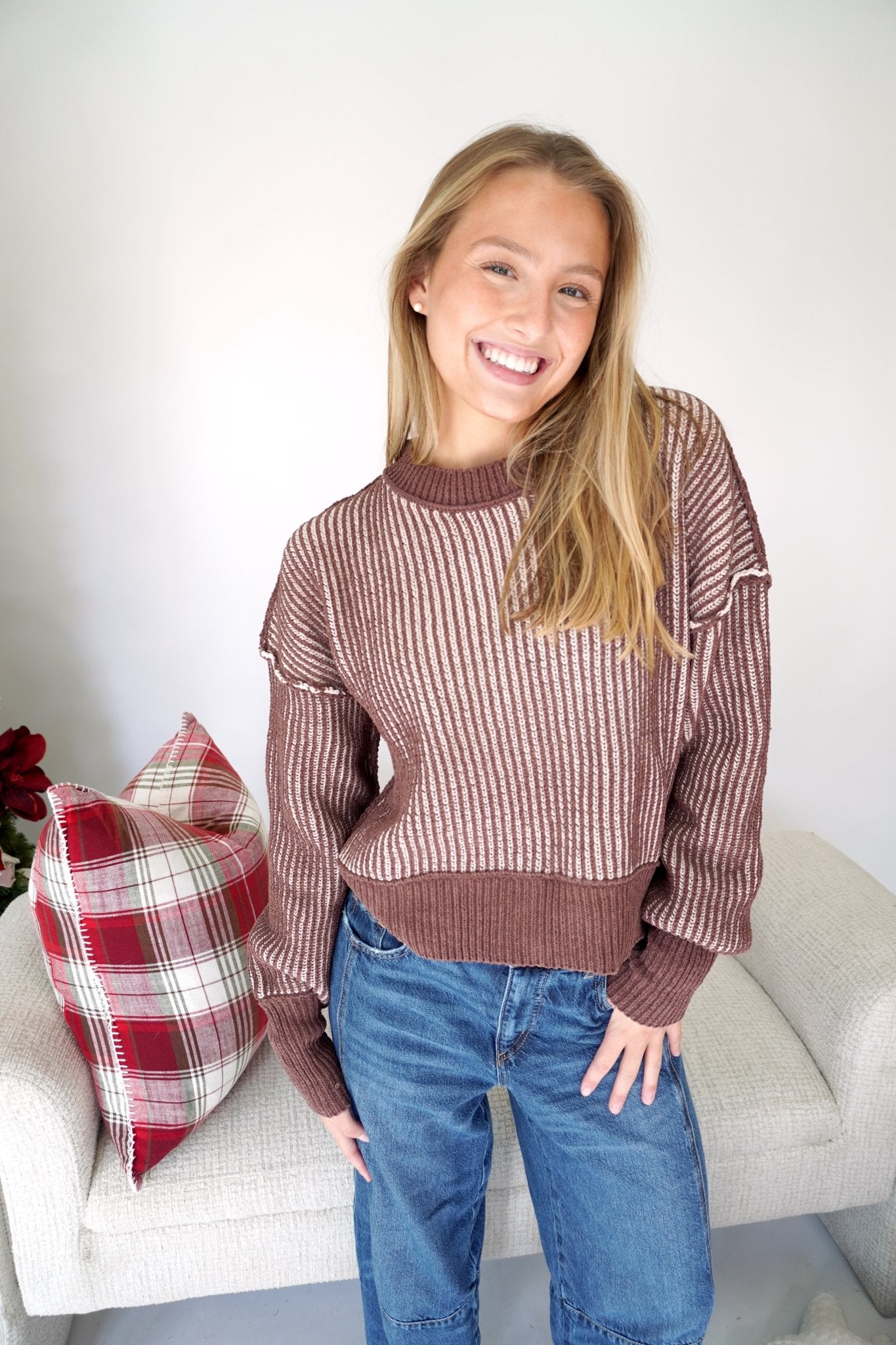 Hazel Mocha Textured Stripe Knit Sweater - Anderson Ave boutique