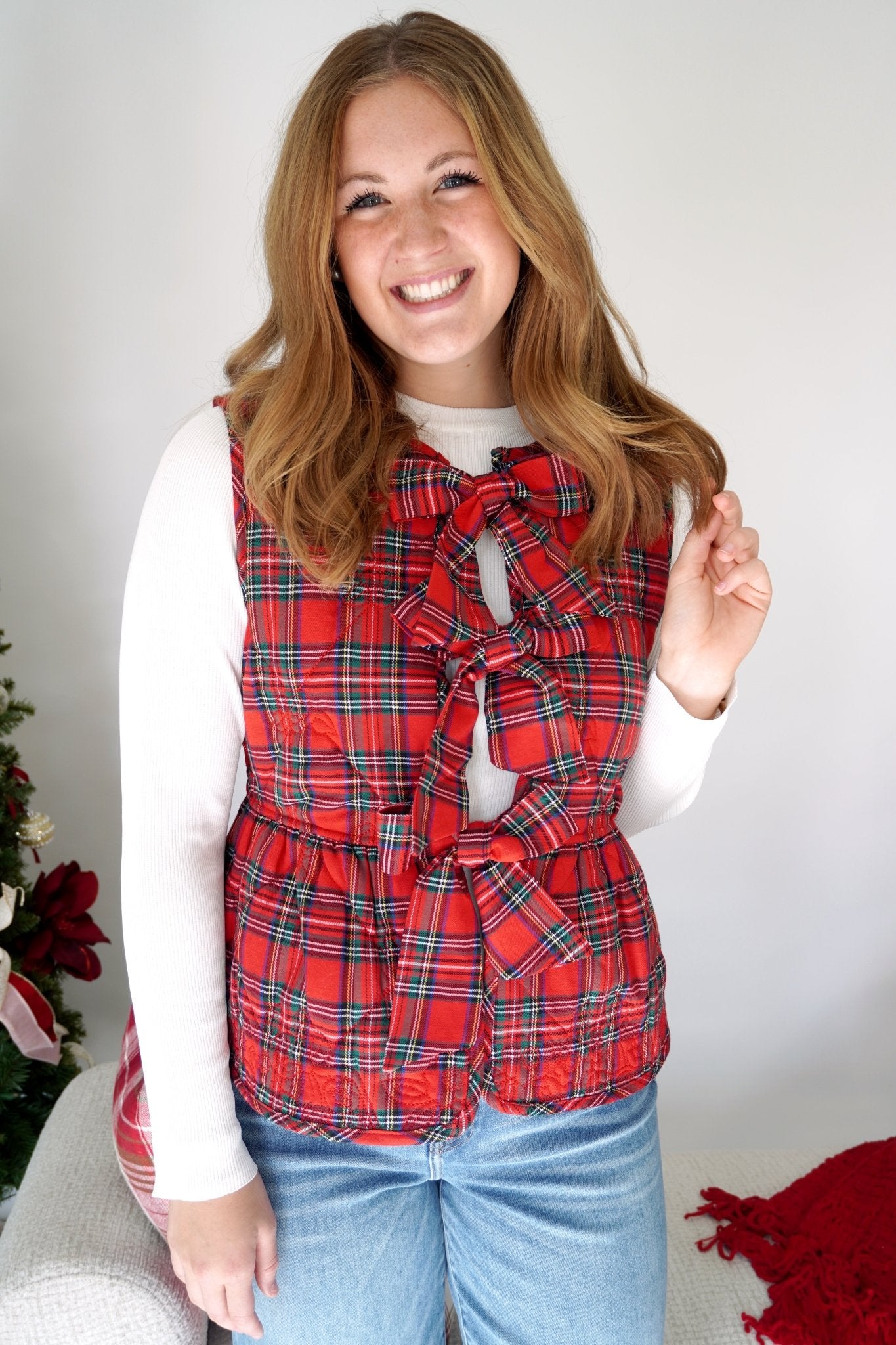 Holly Red Tartan Bow Front Vest – Plaid Holiday Layering Vest - Anderson Ave boutique