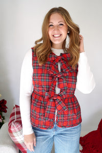Holly Red Tartan Bow Front Vest – Plaid Holiday Layering Vest - Anderson Ave boutique