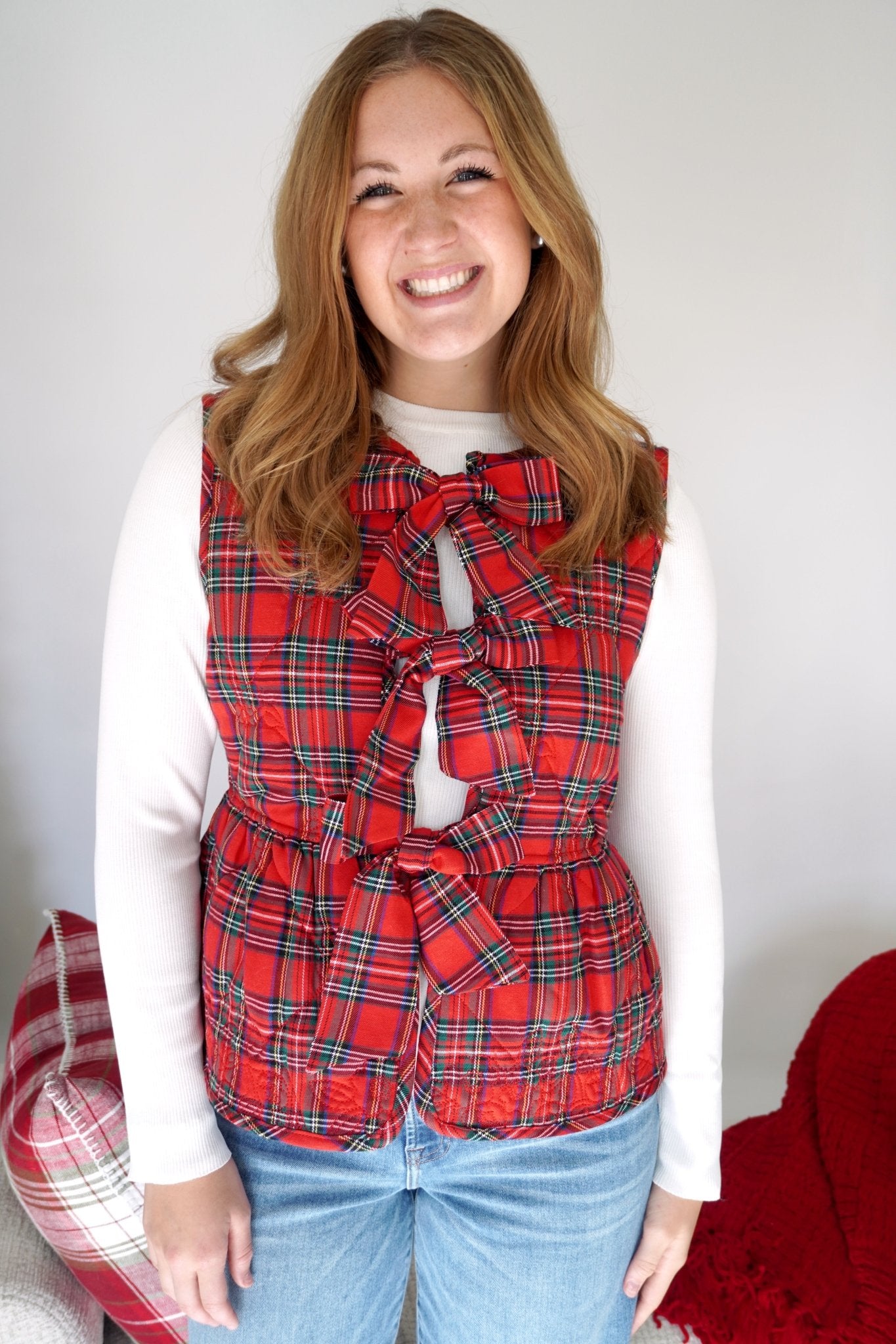Holly Red Tartan Bow Front Vest – Plaid Holiday Layering Vest - Anderson Ave boutique