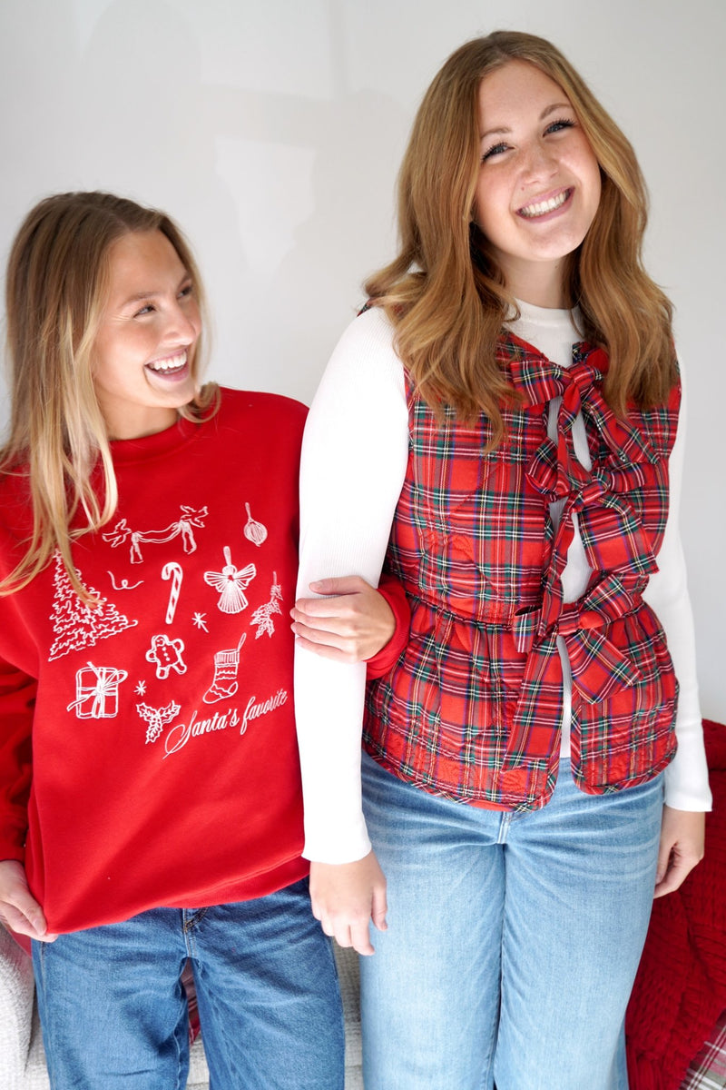 Holly Red Tartan Bow Front Vest – Plaid Holiday Layering Vest - Anderson Ave boutique