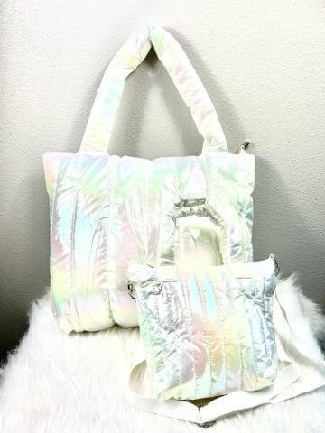 Iridescent Puffer Tote Bag – Quilted Shiny Shoulder Bag for - White - Anderson Ave boutique