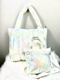 Iridescent Puffer Tote Bag – Quilted Shiny Shoulder Bag for - White - Anderson Ave boutique