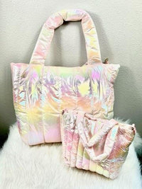 Iridescent Puffer Tote Bag – Quilted Shiny Shoulder Bag - Pink - Anderson Ave boutique