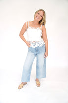 Isla Floral Eyelet Tie - Strap Peplum Top - White - Anderson Ave boutique