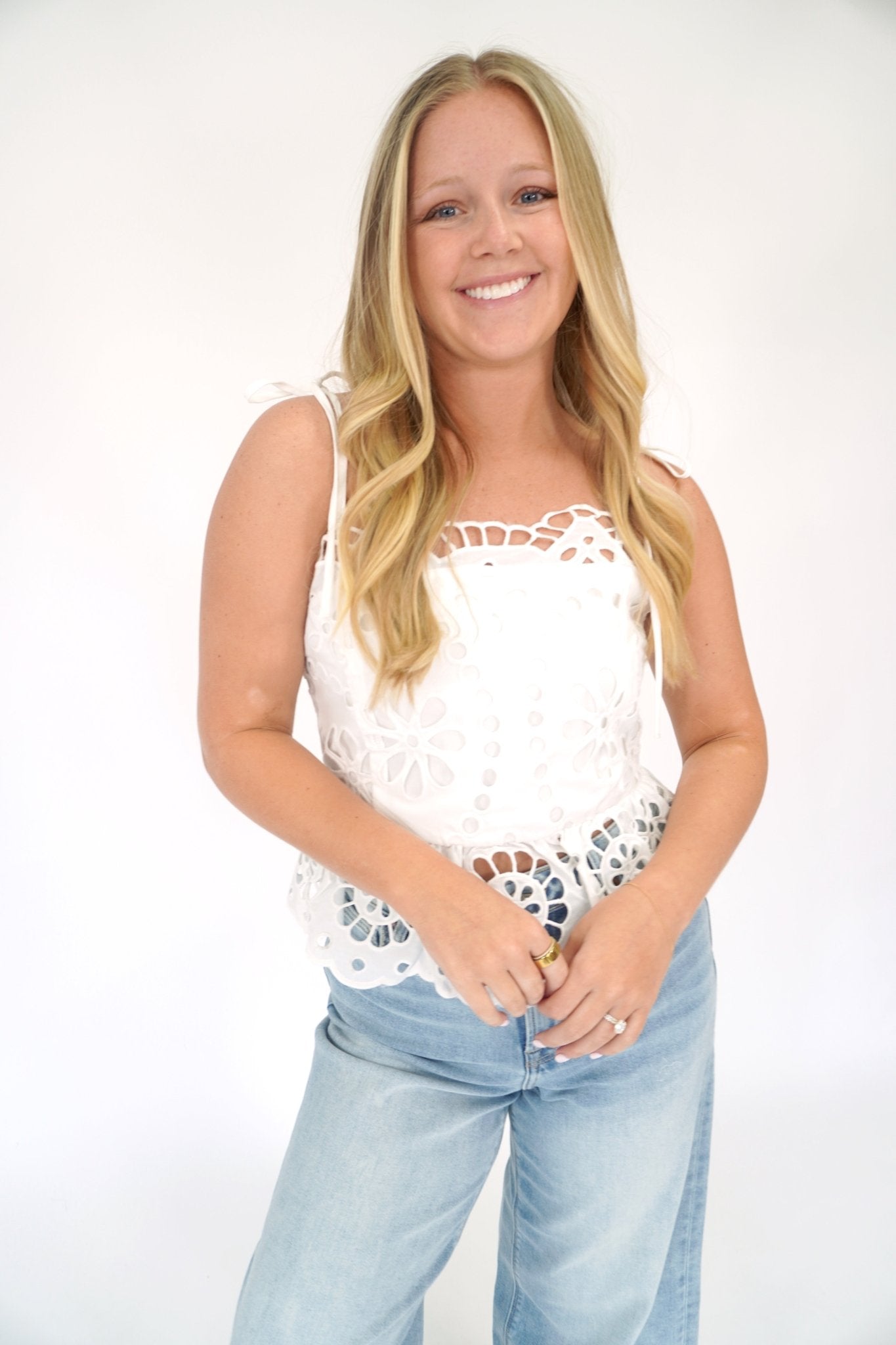 Isla Floral Eyelet Tie - Strap Peplum Top - White - Anderson Ave boutique