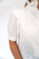Isla Scalloped Mock Neck Embroidered Puff Sleeve Top - Anderson Ave boutique