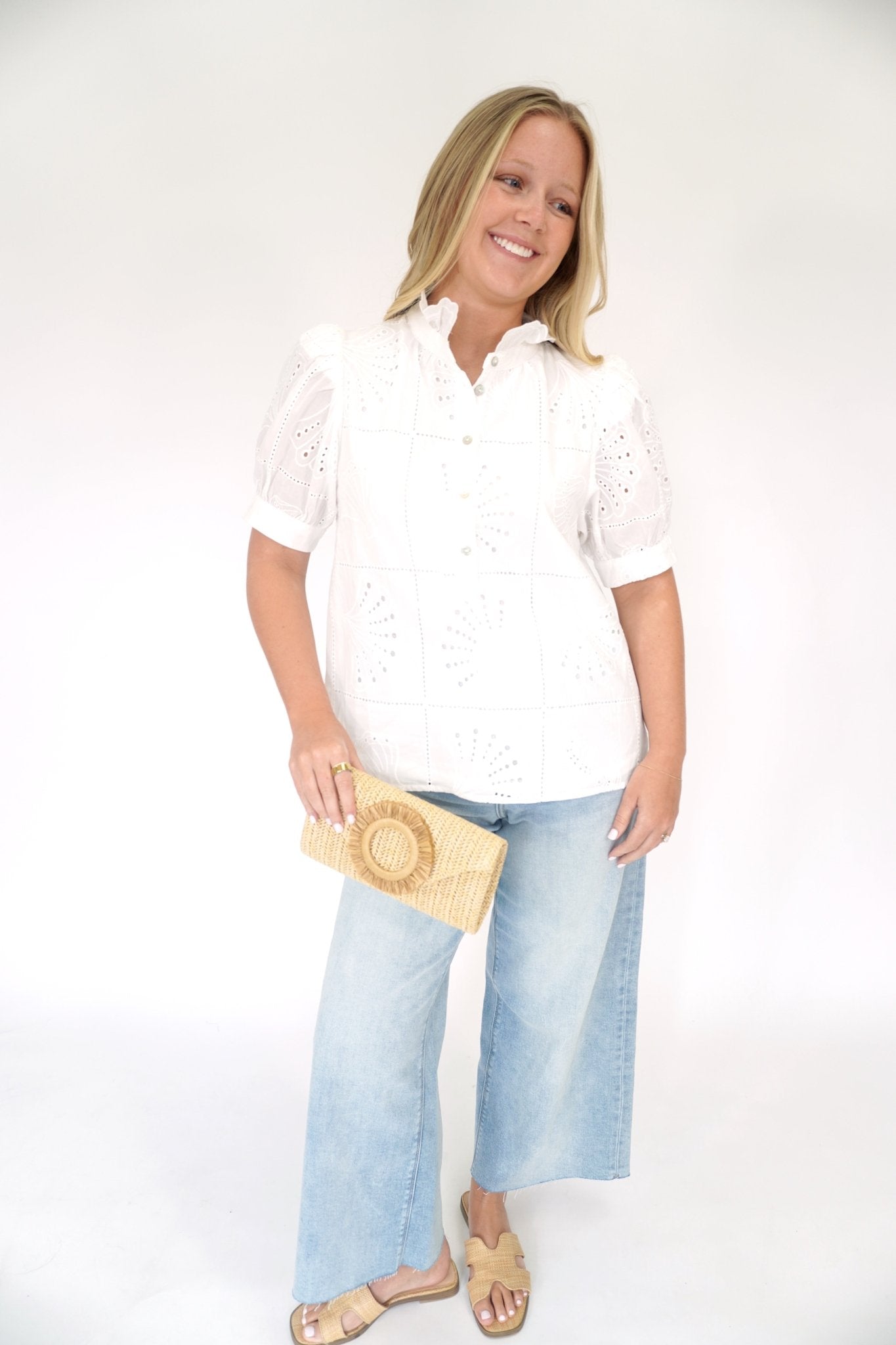 Isla Scalloped Mock Neck Embroidered Puff Sleeve Top - Anderson Ave boutique