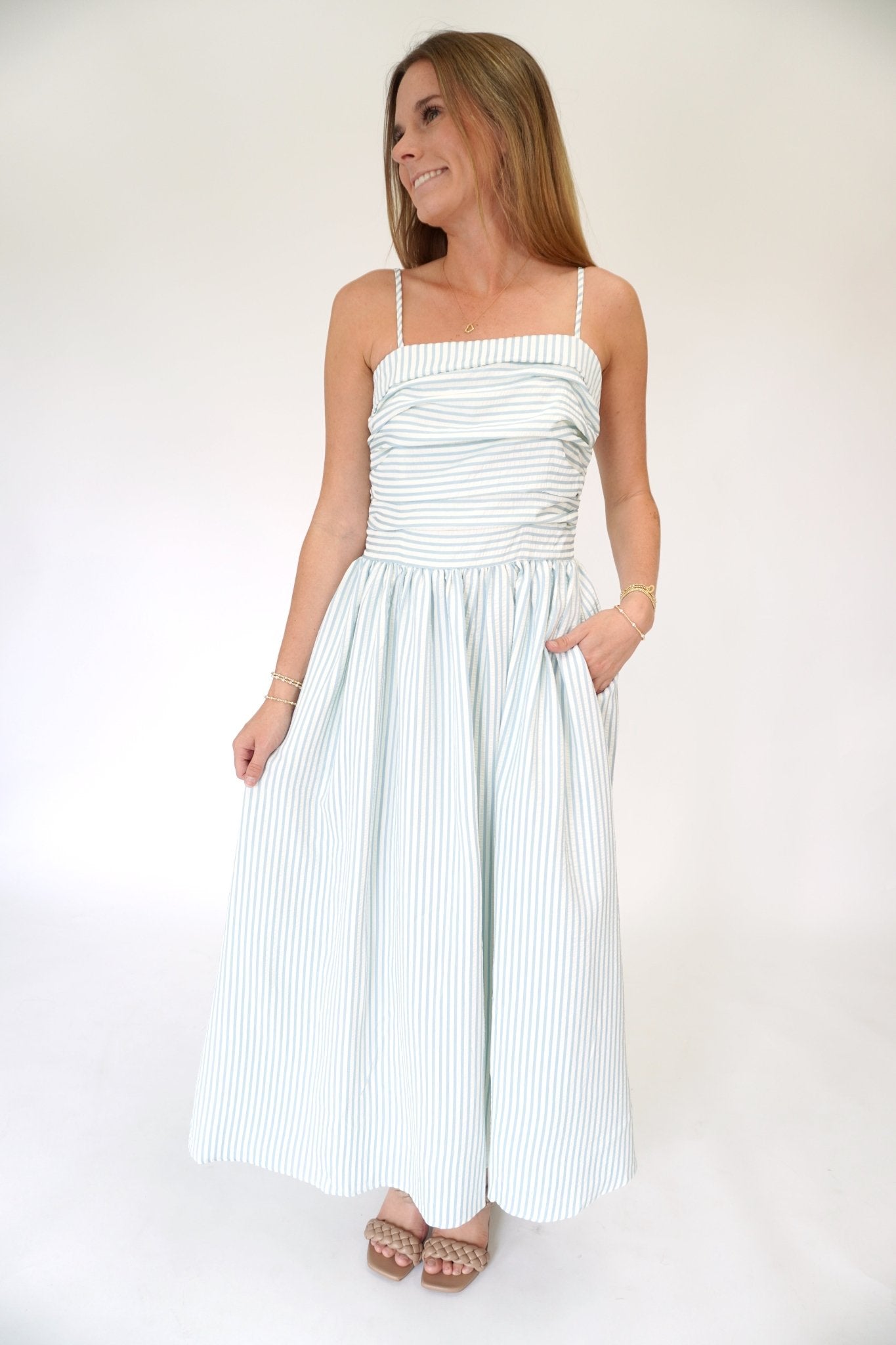 Isla Striped Smocked Bodice Midi Dress - Sky Blue - Anderson Ave boutique