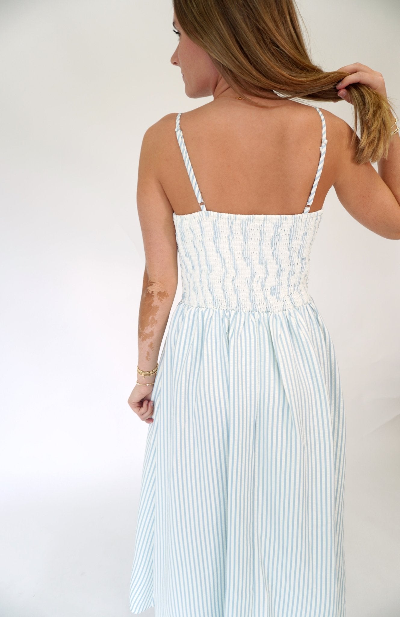 Isla Striped Smocked Bodice Midi Dress - Sky Blue - Anderson Ave boutique