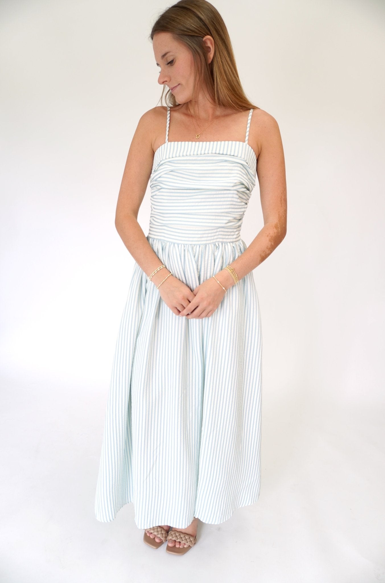 Isla Striped Smocked Bodice Midi Dress - Sky Blue - Anderson Ave boutique