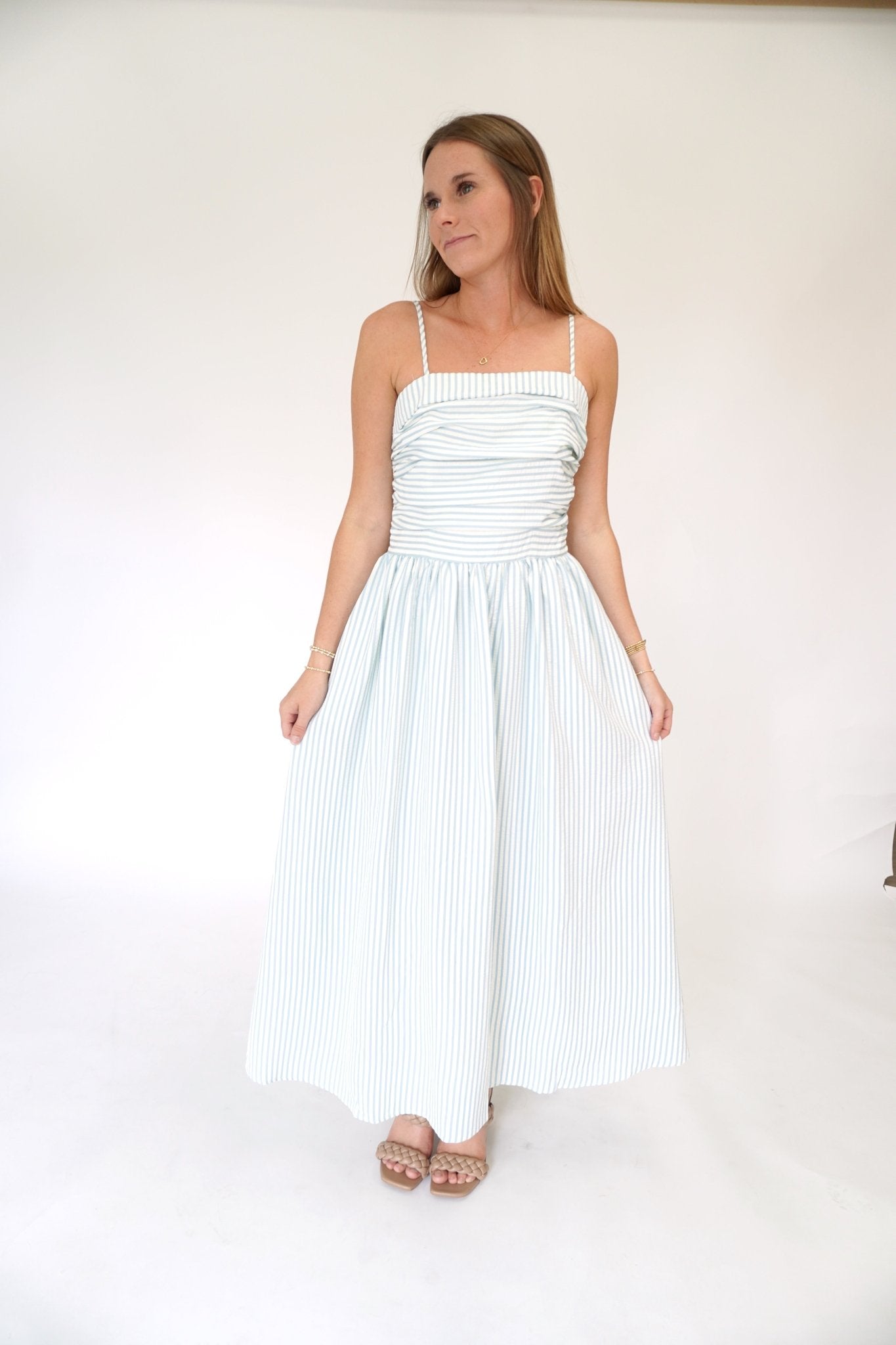 Isla Striped Smocked Bodice Midi Dress - Sky Blue - Anderson Ave boutique