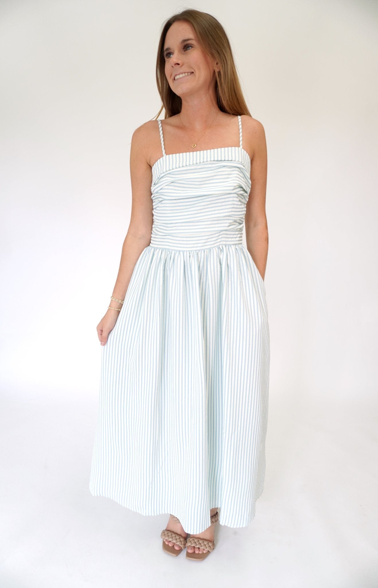 Isla Striped Smocked Bodice Midi Dress - Sky Blue - Anderson Ave boutique